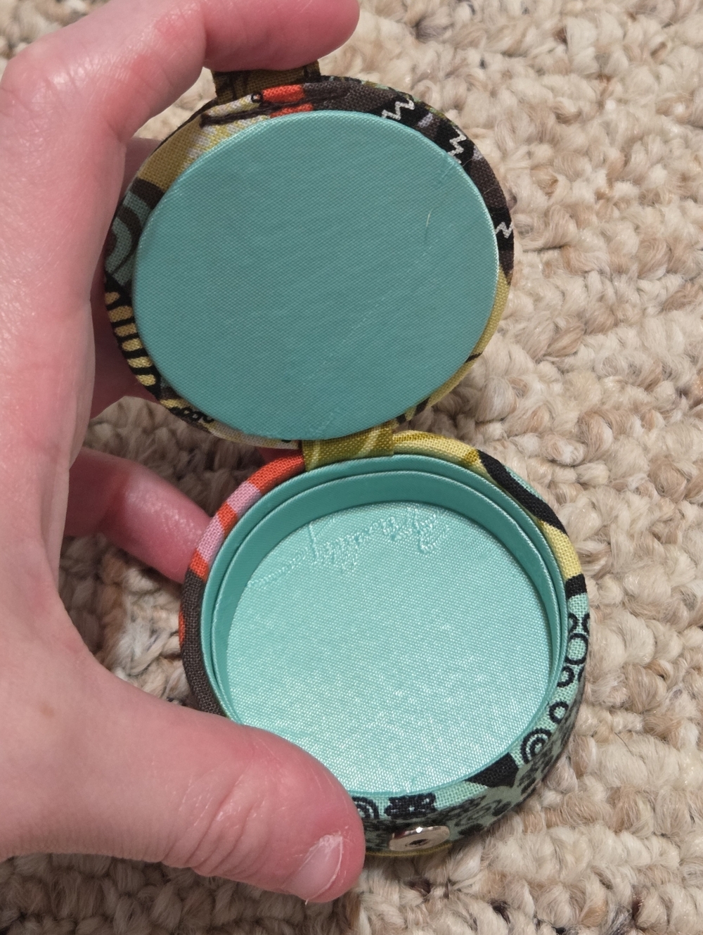 Vera Bradley Small Round Travel Case in Aqua, Gray, Yellow & Orange Dot Pattern - Picture 3 of 6